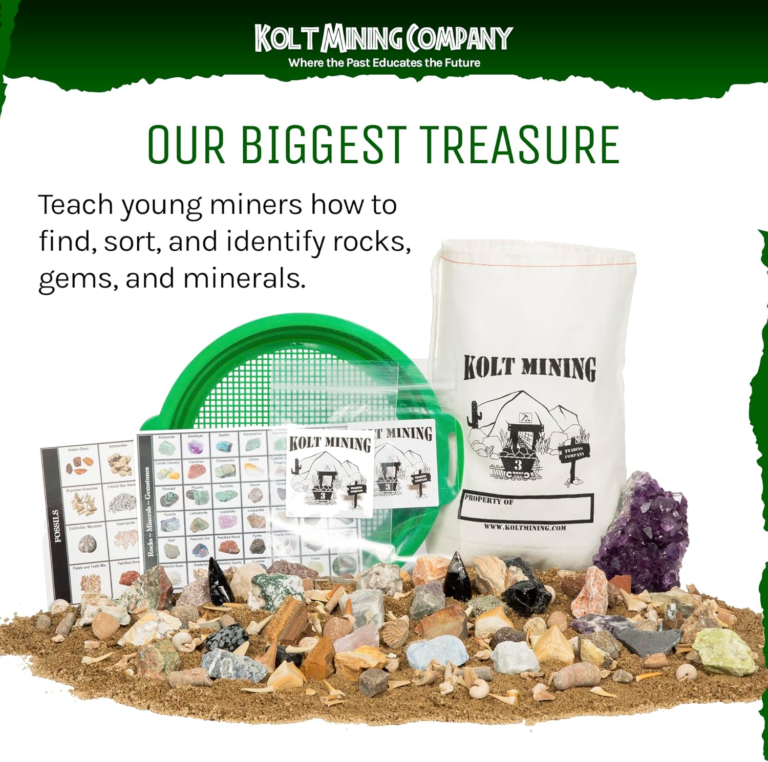 The Mother Lode mining kit: a printed canvas bag of mining rough, green sifter, and identification postcards surrounded by gemstones, fossils, shark teeth, and an amethyst druzy