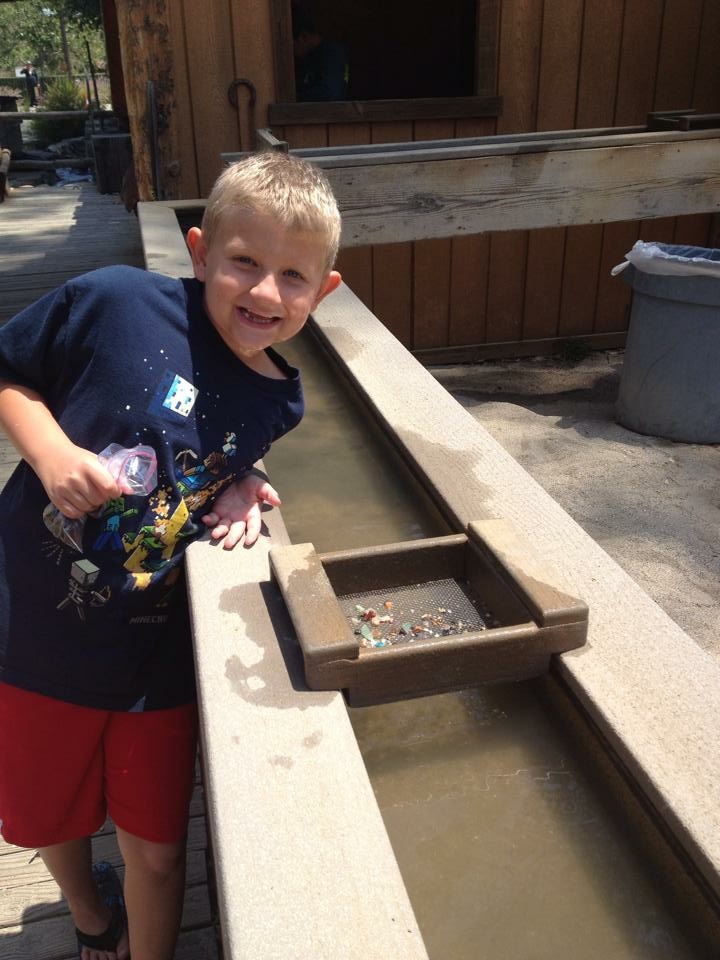 A boy beside the homemade backyard mining trough