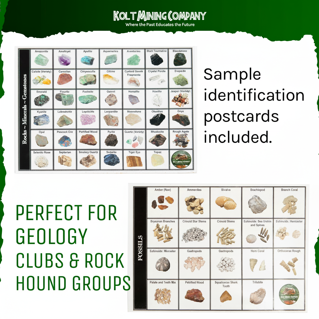 Kolt Mining sample identification postcards for rocks, minerals, gemstones, and fossils, included with every kit